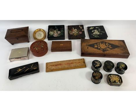 A collection of lacquered decorative boxes of varying sizes and shapes, together with a tea caddy, wooden boxes and other ite