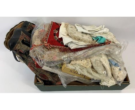 A collection of 19th and 20th century textiles, largely lace, together with an incomplete patchwork quilt, and sewing items