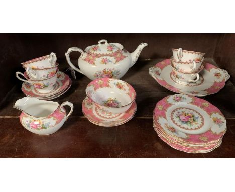 A Royal Albert 'Lady Carlisle' pattern tea service, consisting of a teapot, milk jug, sugar bowl, cake plate, six cups and si