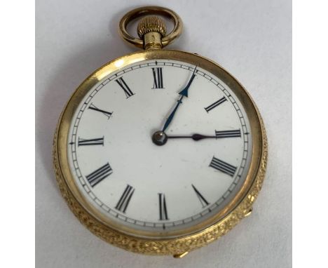An open faced fob watch, white enamel dial, with black Roman numerals, blued steel hands, the four piece case, stamped ‘18k’ 