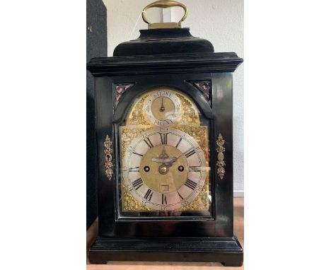 Two train fusee (verge) bracket clock circa 1750 contained within a later ebonised case. The 6" brass arched dial (unsigned) 