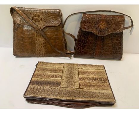 A ladies vintage dark brown crocodile skin handbag, another similar example in a lighter brown and a vintage snakeskin clutch