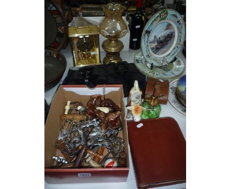 VARIOUS NOVELTY CORKSCREWS, two pairs of binoculars, mantel clock, etc