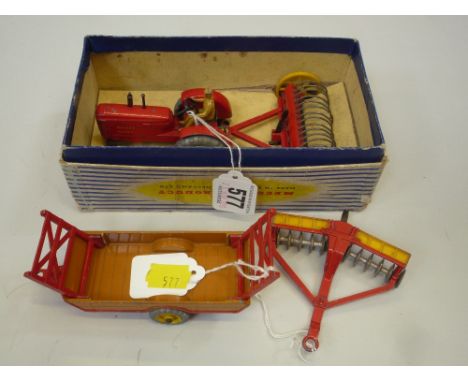 A BOXED DINKY TOYS GIFT SET NO.27AK, Massey Harris Tractor and hay rake (Nos.27a and 27k), box damaged but complete with orig