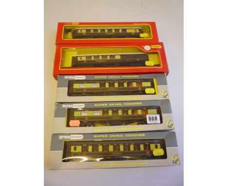 FIVE BOXED OO GAUGE PULLMAN COACHES, Wrenn Railways 'Audrey', 'Vera' and No.87 (W6002.A(x2), W6001.A), versions with brown ta