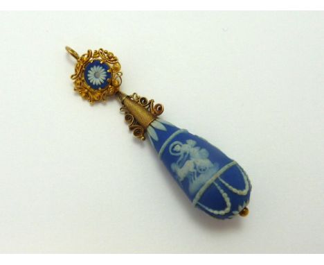 AN ANTIQUE JASPERWARE WEDGEWOOD PENDANT, designed as a tear drop shape depicting Aurora of the dawn, together with other clas