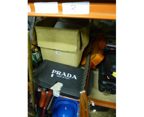 A BOX OF CURTAINS, a pair of mens Prada shoes and a child's acoustic guitar (3)