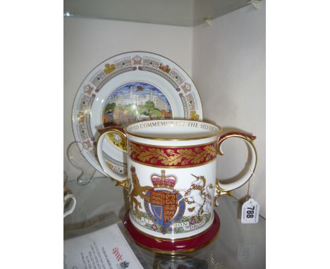 A BOXED SPODE LIMITED EDITION LOVING MUG, commemorating Queen Elizabeth II Silver Jubilee, with certificate and a boxed Spode