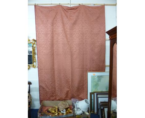 A PAIR OF PEACH/TERRACOTTA CURTAINS, approximate size width 200cm, drop 310cm and a box of various lamps and shades