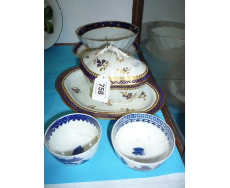 A CAUGHLEY SAUCE TUREEN, COVER AND STAND IN DRESDEN FLOWER PATTERN, a similar slop bowl and saucer and two blue and white tea