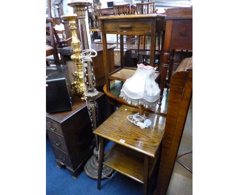 TWO OAK OCCASIONAL TABLES, and a table lamp with shade (3)