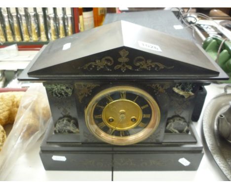 A SLATE MANTEL CLOCK, (key and pendulum)