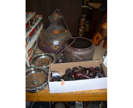 A GLASS CEILING LIGHT, two bottle coasters, various pipes, a pair of candlesticks and a jardiniere