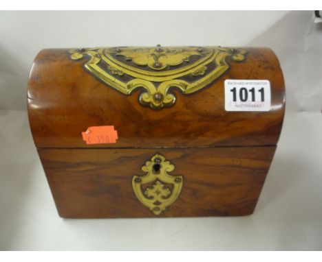 A VICTORIAN WALNUT DOMED TEA CADDY, mounted brass decoration (locked)