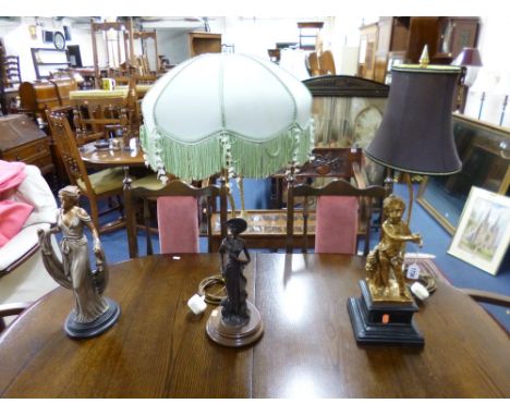 A CHERUB FIGURAL TABLE LAMP, with shade, another table lamp with shade and a figure of an elegant lady (3)