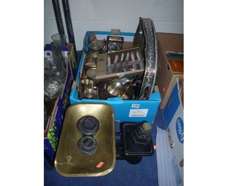 A BOX AND LOOSE METALWARES, SCALES AND WEIGHTS, etc
