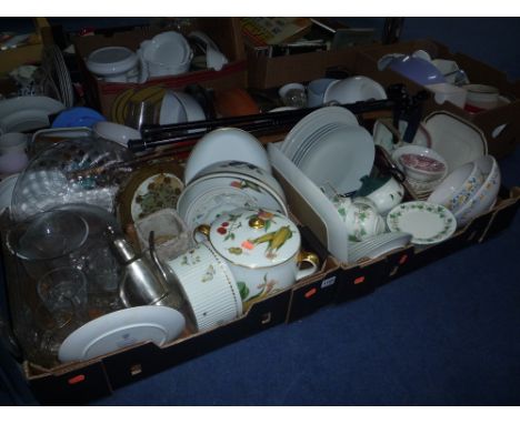 FIVE BOXES OF CERAMICS, GLASS, WALKING STICKS, etc (Doulton 'Tiverton', Denby, Worcester)