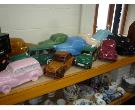 ELEVEN NOVELTY 'MORRIS MINOR' CERAMIC/WOODEN/TIN CARS, (one night light)