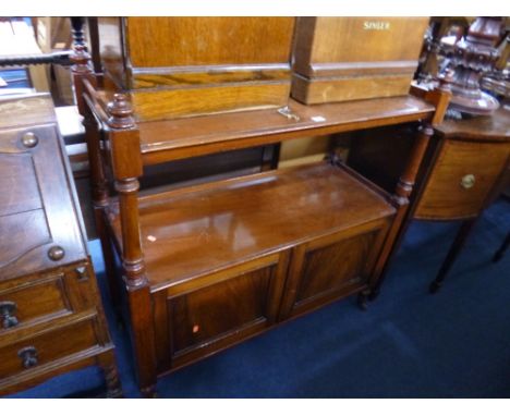 A VICTORIAN MAHOGANY TWO TIER BUFFET, with cupboard below