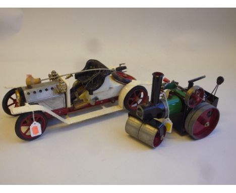 AN UNBOXED MAMOD LIVE STEAM ROADSTER, No.SR1, with an unboxed Mamod Live Steam Roller, No.SR1a, both are missing items, but h