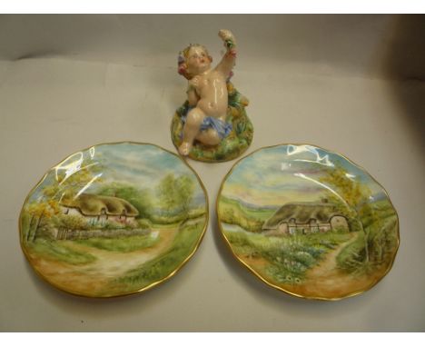 A SMALL ROYAL WORCESTER CHERUB FIGURE, and two Terence Nut hand painted trinket dishes (s.d.) (3)