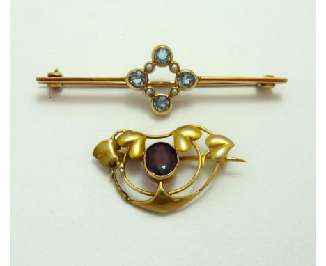 TWO BROOCHES, the first one a 9ct gold aquamarine and pearl bar brooch together with an amethyst Art Noveau brooch