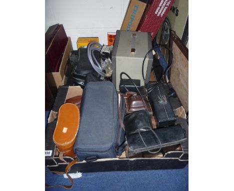 TWO BOXES OF FILM, CINE AND PROJECTOR EQUIPMENT, to include cameras, binoculars etc