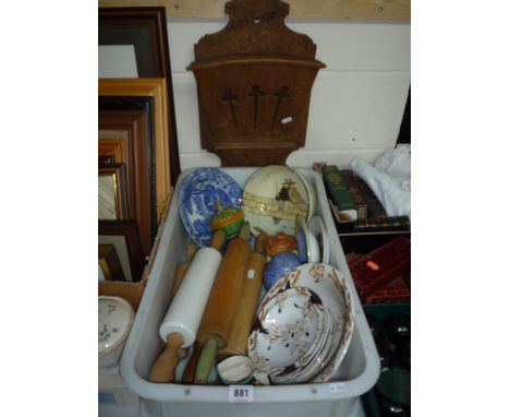 VARIOUS CERAMICS, (Doulton, Spode), rolling pins, wooden shelf etc