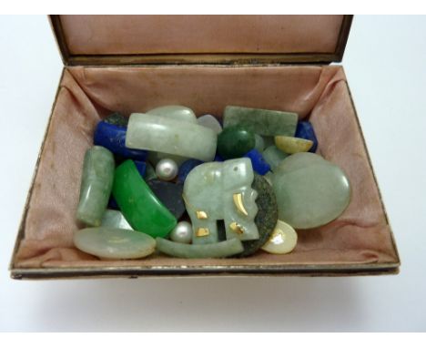 A SELECTION OF JADE, to include a jade elephant with gold coloured detail, together with some lapis lazuli, beads etc, within