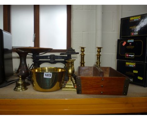 A CUTLERY TRAY, BRASSWARES SCALES, etc