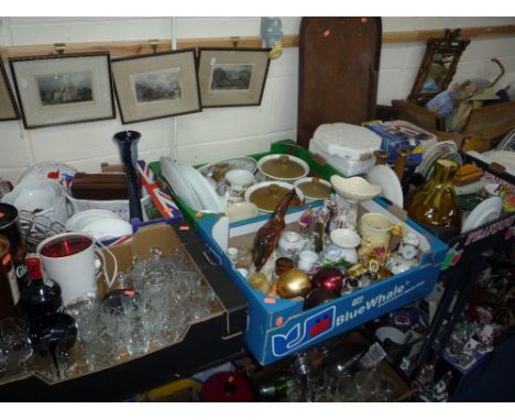 FIVE BOXES AND LOOSE CERAMICS, GLASS, BAGATELLE, etc