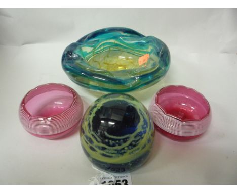 MDINA GLASS PAPERWEIGHT, an ashtray and a pair of ruby glass salts (4)