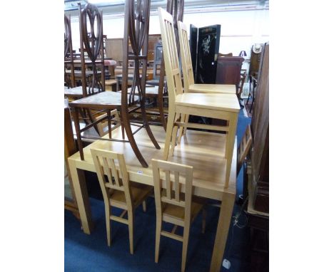 A MODERN LIGHT WOOD EXTENDING DINING TABLE AND SIX CHAIRS, a walnut half moon table and a hall table (8)