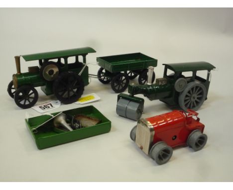 THREE UNBOXED TRI-ANG MINIC TINPLATE CLOCWORK/FRICTION VEHICLES, Traction Engine and Trailer 54M, Steam roller 33M (s.d.) and