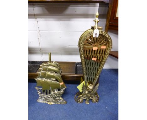 A MODERN BRASS FAN STYLE FOLDING FIRESCREEN, and a brass ship companion set (2)