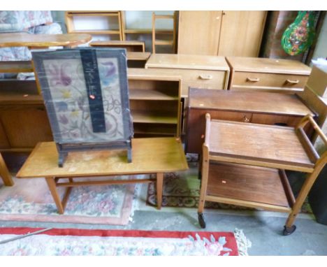 A TEAK COFFEE TABLE, tea trolley and a firescreen (3)