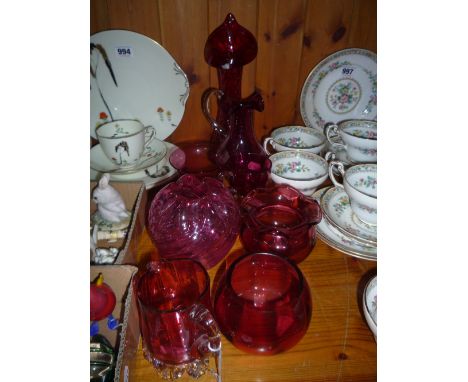 VARIOUS RUBY COLOURED GLASS ITEMS, (8)