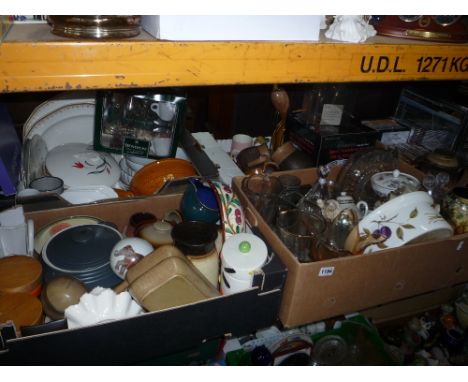 FOUR BOXES AND LOOSE CERAMICS, GLASS, etc, (Worcester, Wedgwood, Denby)