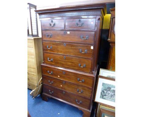 A 19TH CENTURY MAHOGANY CHEST ON CHEST, the upper section with two short and three long drawers, above a lower chest of three