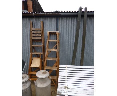 THREE WOODEN STEP LADDERS, and two wooden washing line (5)