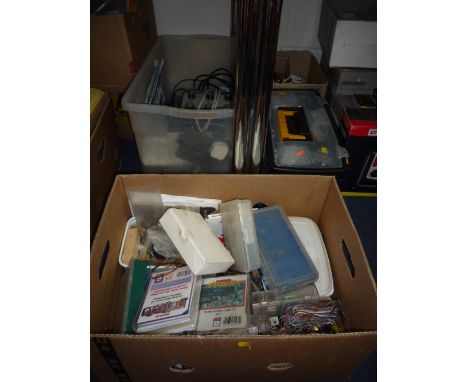 A QUANTITY OF UNBOXED AND ASSORTED ELECTRONIC MODEL RAILWAY CONTROL EQUIPMENT, Maplin etc, not tested, with a toolbox contain