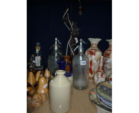 TWO SODA SYPHONS, 'Job Wragg, Ltd, Shirley' and 'The Grosswell's, Birmingham' with two stoneware flagons, oil lamp etc