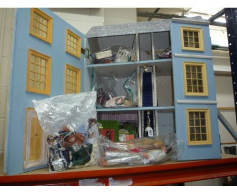 A GEORGIAN STYLE DOLLS HOUSE, with dolls and furniture together with Mattel Ken and Barbie dolls
