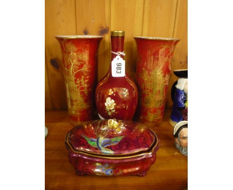 A PAIR OF CARLTONWARE RED LUSTRE SLEEVE VASES, a Crown Devon lustre vase and a Wilton Ware lustre lidded dish (4)