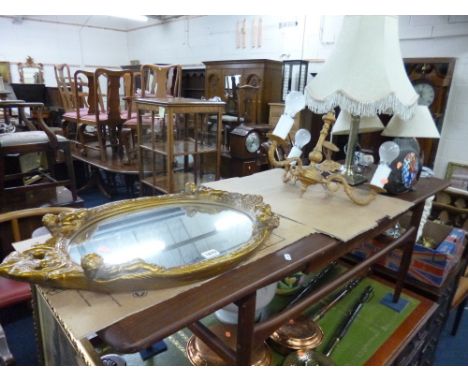 A GILT FRAMED WALL MIRROR, centre light and four table lamps etc (8)