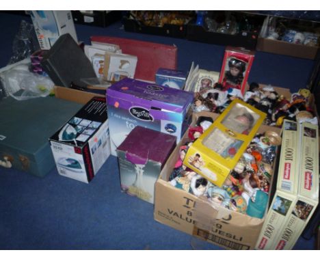 FOUR BOXES AND LOOSE SUNDRY ITEMS, collectors dolls, Pelham puppet, jigsaws, picnic case, recorder etc