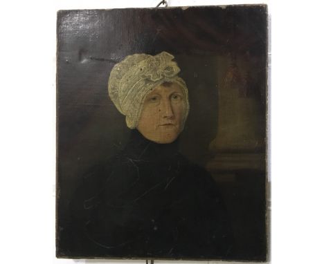 A oil on canvas, a 19th century portrait of lady in a bonnet