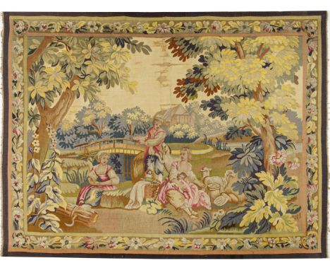 Tapisserie mit Teniers-Szene Wolle in unterschiedlichen Beige-, Grün- und Cremetönen, flach gewebt. Im Innenfeld Landschaftsd