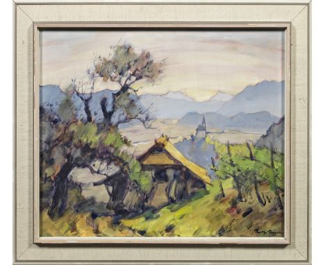 Rolf Regele (1899 Bozen - 1987 Gries)Alter Stadel im Weinberg von St. Georgen in Gries bei Bozen in SüdtirolIm Hintergrund di