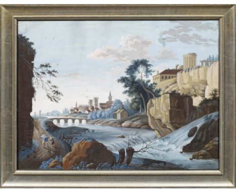 Deutscher Maler (Tätig 1. Hälfte 19. Jh.)Ideallandschaft mit Stadt am Fluss und antiken RuinenGouache/Papier. 39 cm x 52,5 cm